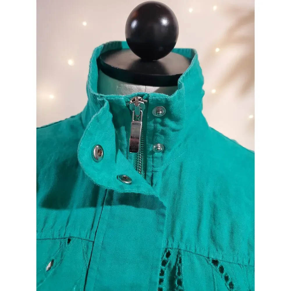Chicos Eyelet Linen Zip Jacket Womens Size 0 US S 4 Green Natural Coastal Lace - Picture 6 of 13